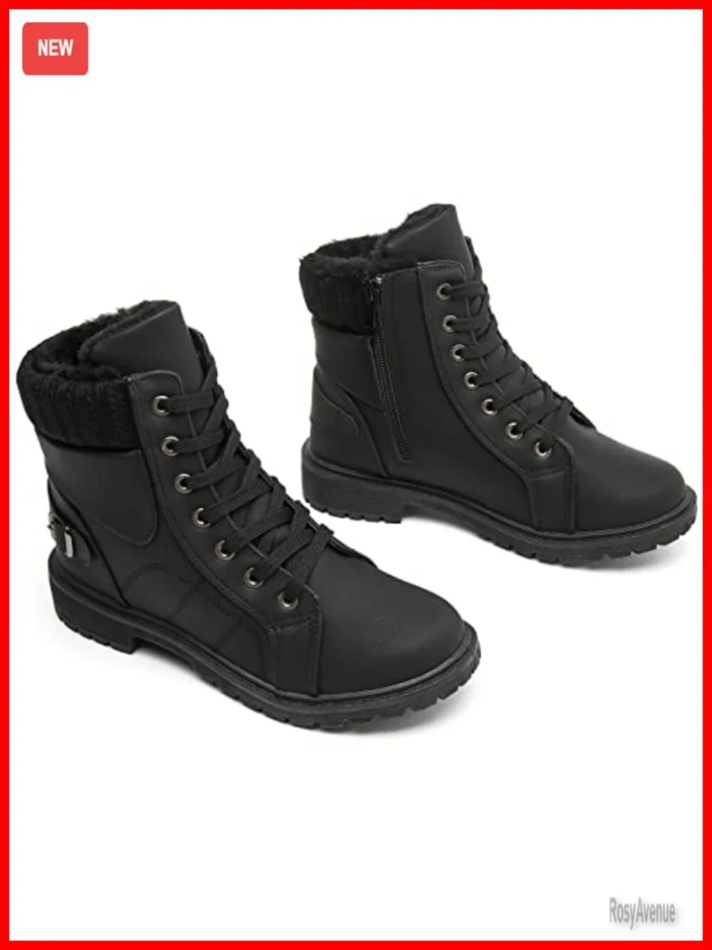 Faux Leather Fur Lined Lace Up Combat Boots Waterproof Hiking Ankle Booties